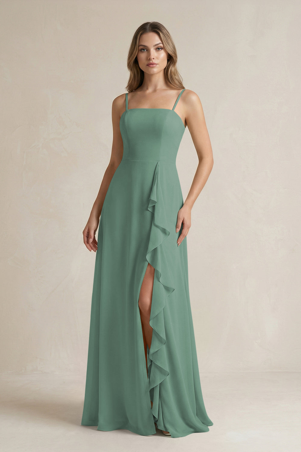 Spaghetti Strap Ruffled A-Line Chiffon Bridesmaid Dress in Sea Glass