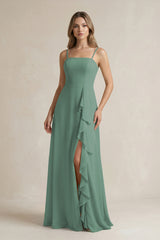 Sea Glass Spaghetti Strap Ruffled A-Line Chiffon Bridesmaid Dress | KISSBRIDAL