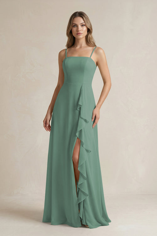 Sea Glass Spaghetti Strap Ruffled A-Line Chiffon Bridesmaid Dress | KISSBRIDAL