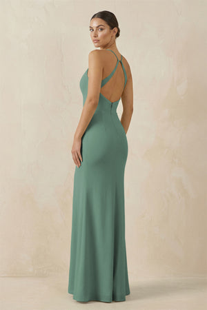 Sea Glass Spaghetti Strap Sheath Chiffon Bridesmaid Dress With Slit (2) | KISSBRIDAL