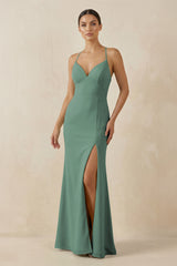Sea Glass Spaghetti Strap Sheath Chiffon Bridesmaid Dress With Slit | KISSBRIDAL