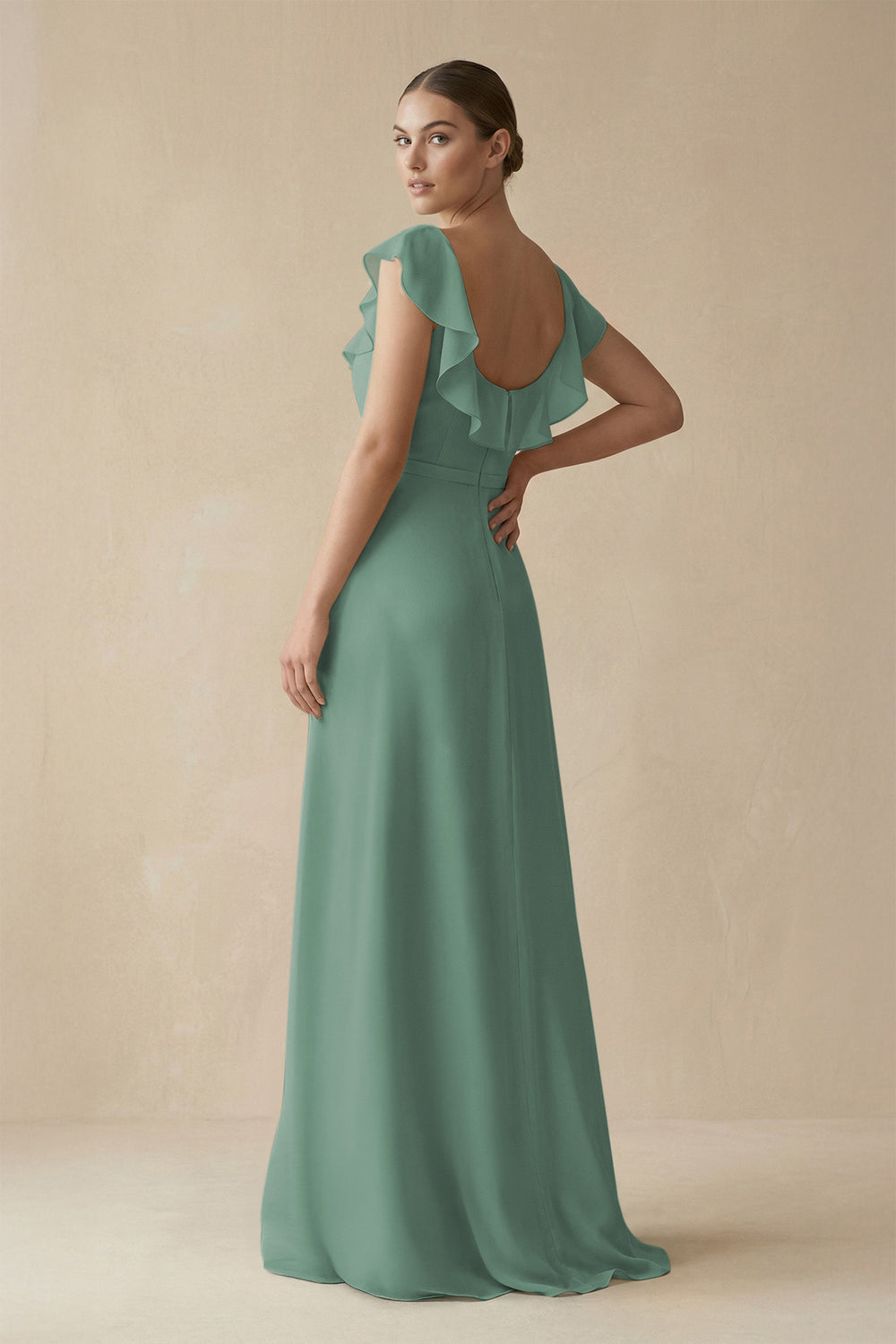Square Neck A-Line Bridesmaid Dress with Ruffles in Sea Glass