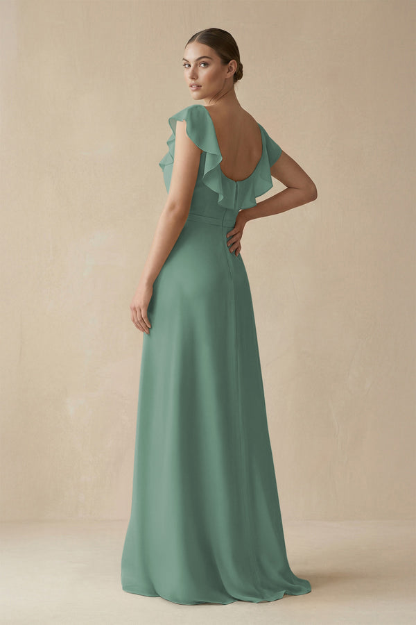 Sea Glass Square Neck A-Line Bridesmaid Dress with Ruffles (2) | KISSBRIDAL