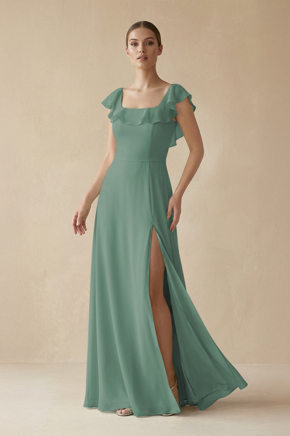 Square Neck A-Line Bridesmaid Dress with Ruffles in Sea Glass