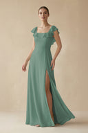 Sea Glass Square Neck A-Line Bridesmaid Dress with Ruffles | KISSBRIDAL