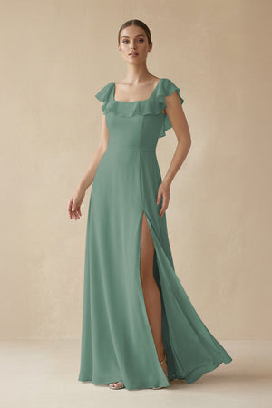Sea Glass Square Neck A-Line Bridesmaid Dress with Ruffles | KISSBRIDAL