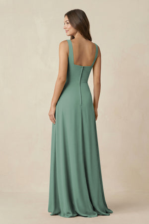 Sea Glass Square Neck A-Line Bridesmaid Dress With Slit (2) | KISSBRIDAL