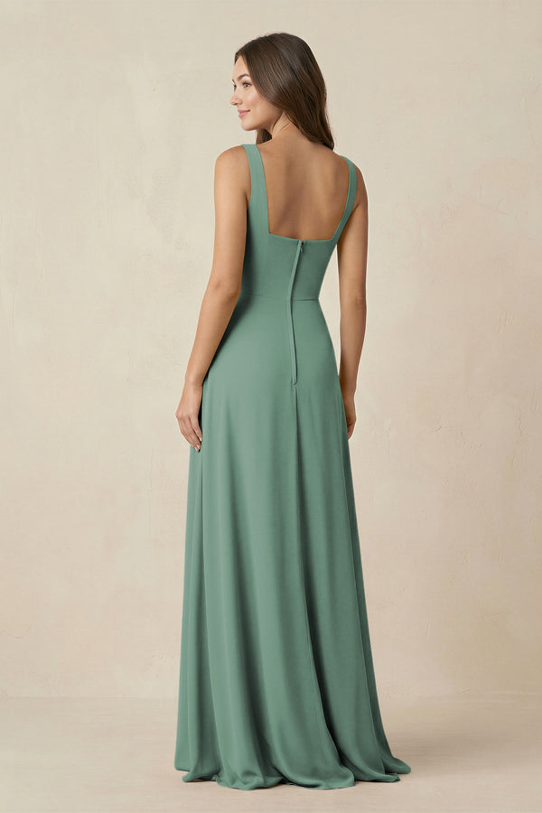 Sea Glass Square Neck A-Line Bridesmaid Dress With Slit (2) | KISSBRIDAL