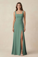 Sea Glass Square Neck A-Line Bridesmaid Dress With Slit | KISSBRIDAL