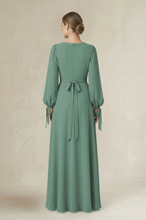 Sea Glass Square Neck Long Sleeve A-Line Chiffon Bridesmaid Dress in Sea Glass (2) | KISSBRIDAL