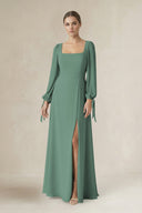 Sea Glass Square Neck Long Sleeve A-Line Chiffon Bridesmaid Dress in Sea Glass | KISSBRIDAL