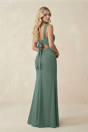 Sea Glass Square Neck Pleated Sheath Linen Bridesmaid Dress (2) | KISSBRIDAL