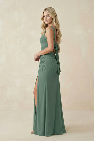 Sea Glass Square Neck Pleated Sheath Linen Bridesmaid Dress (3) | KISSBRIDAL