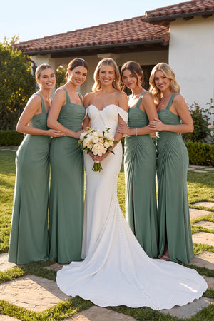 Sea Glass Square Neck Pleated Sheath Linen Bridesmaid Dress (5) | KISSBRIDAL