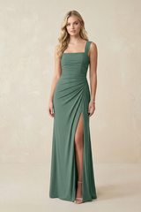 Sea Glass Square Neck Pleated Sheath Linen Bridesmaid Dress | KISSBRIDAL