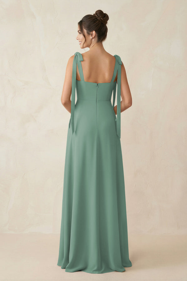 Sea Glass Square Neck Sheath Chiffon Bridesmaid Dress with Bow (2) | KISSBRIDAL