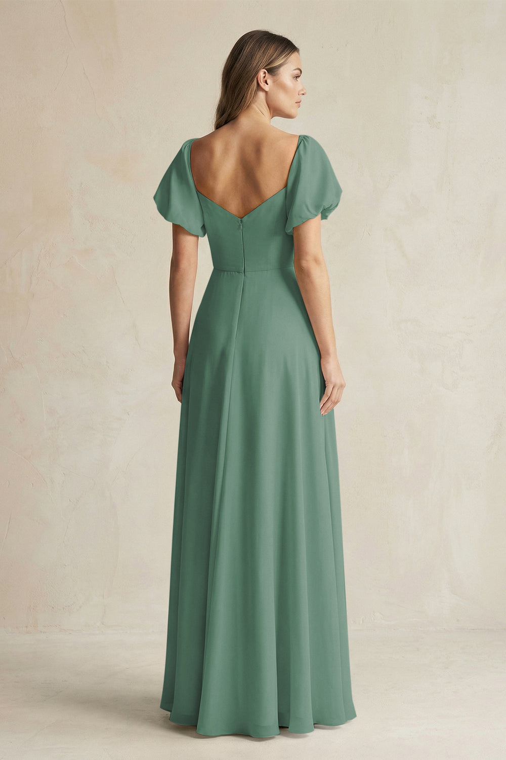 Sweetheart Puff Sleeve A-Line Chiffon Bridesmaid Dress in Sea Glass