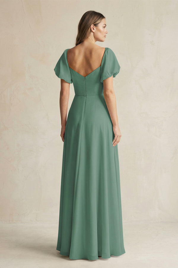 Sea Glass Sweetheart Puff Sleeve A-Line Chiffon Bridesmaid Dress (2) | KISSBRIDAL
