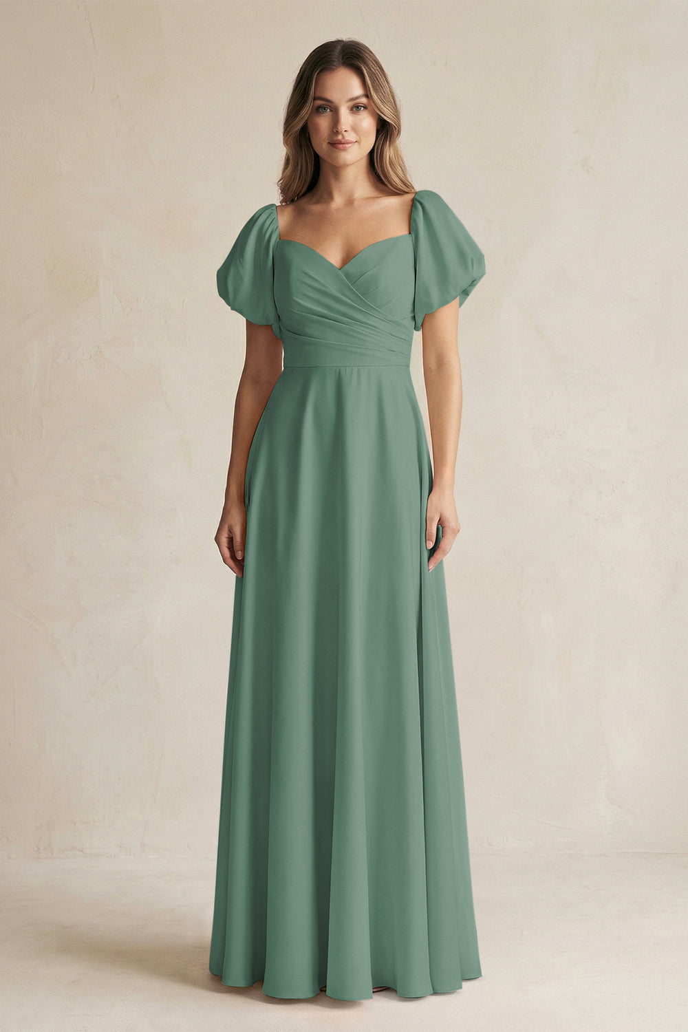 Sweetheart Puff Sleeve A-Line Chiffon Bridesmaid Dress in Sea Glass