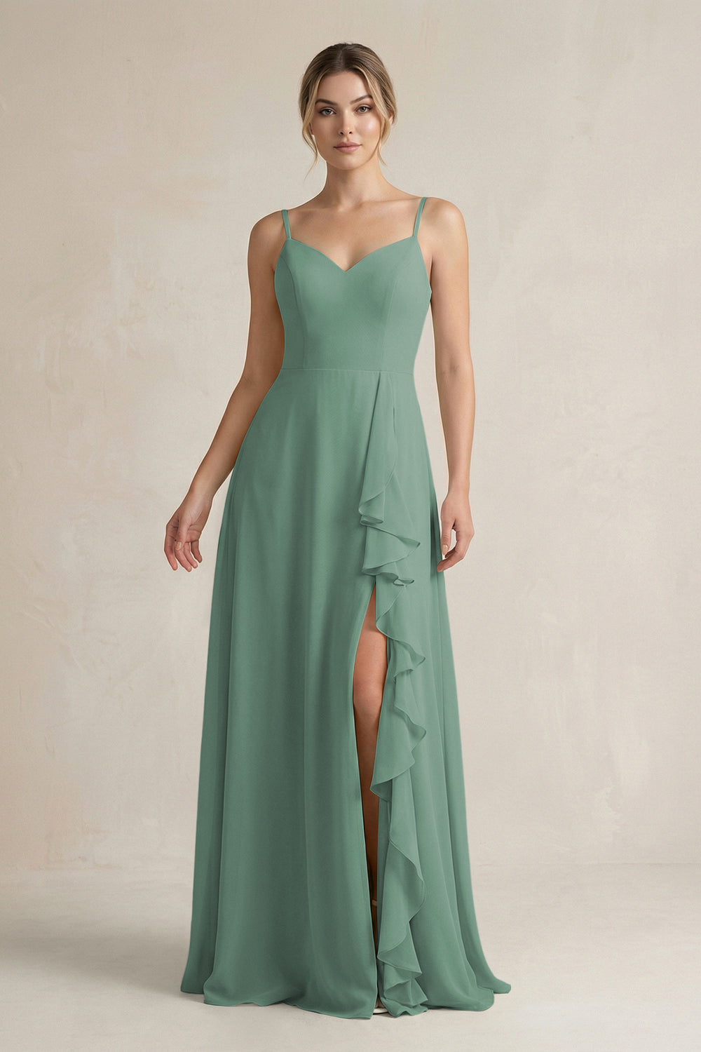 Sweetheart Ruffled A-Line Chiffon Bridesmaid Dress with Slit in Sea Glass