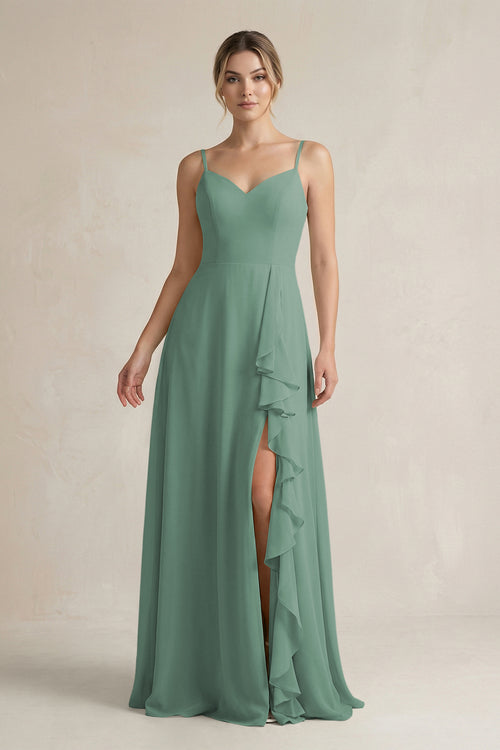 Sea Glass Sweetheart Ruffled A-Line Chiffon Bridesmaid Dress with Slit | KISSBRIDAL