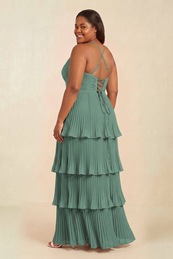 Sea Glass Tiered Pleated V-Neck A-Line Chiffon Bridesmaid Dress (2) [sizeplus] | KISSBRIDAL