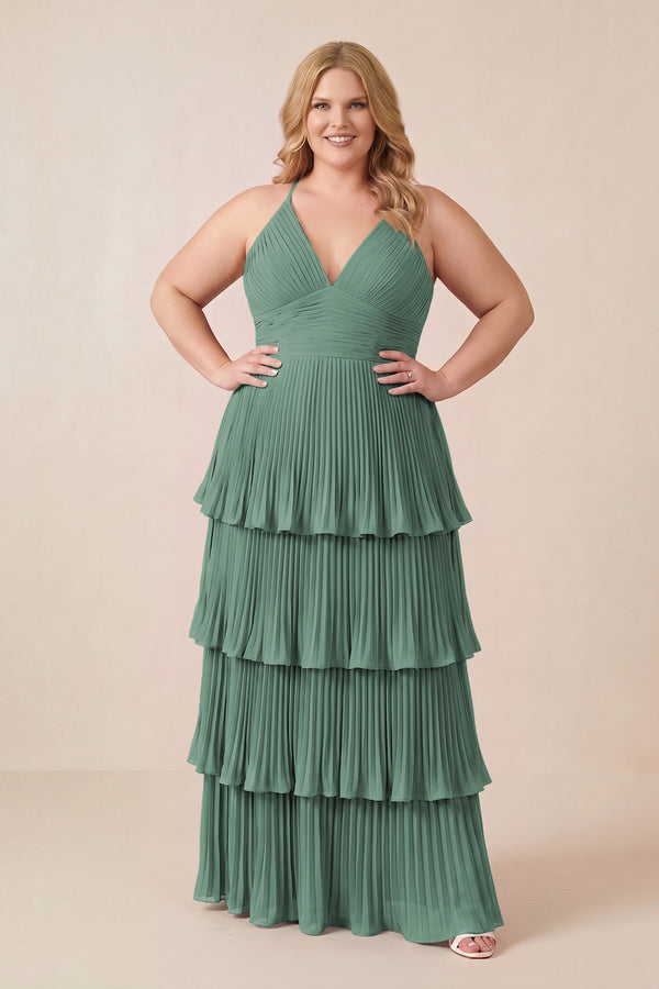 Sea Glass Tiered Pleated V-Neck A-Line Chiffon Bridesmaid Dress (3) [sizeplus] | KISSBRIDAL