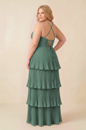 Sea Glass Tiered Pleated V-Neck A-Line Chiffon Bridesmaid Dress (4) [sizeplus] | KISSBRIDAL
