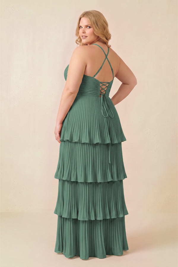 Sea Glass Tiered Pleated V-Neck A-Line Chiffon Bridesmaid Dress (4) [sizeplus] | KISSBRIDAL