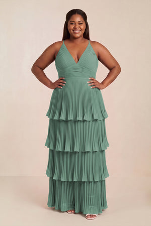 Sea Glass Tiered Pleated V-Neck A-Line Chiffon Bridesmaid Dress [sizeplus] | KISSBRIDAL