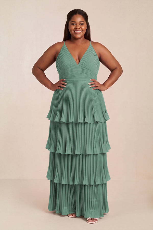 Sea Glass Tiered Pleated V-Neck A-Line Chiffon Bridesmaid Dress [sizeplus] | KISSBRIDAL