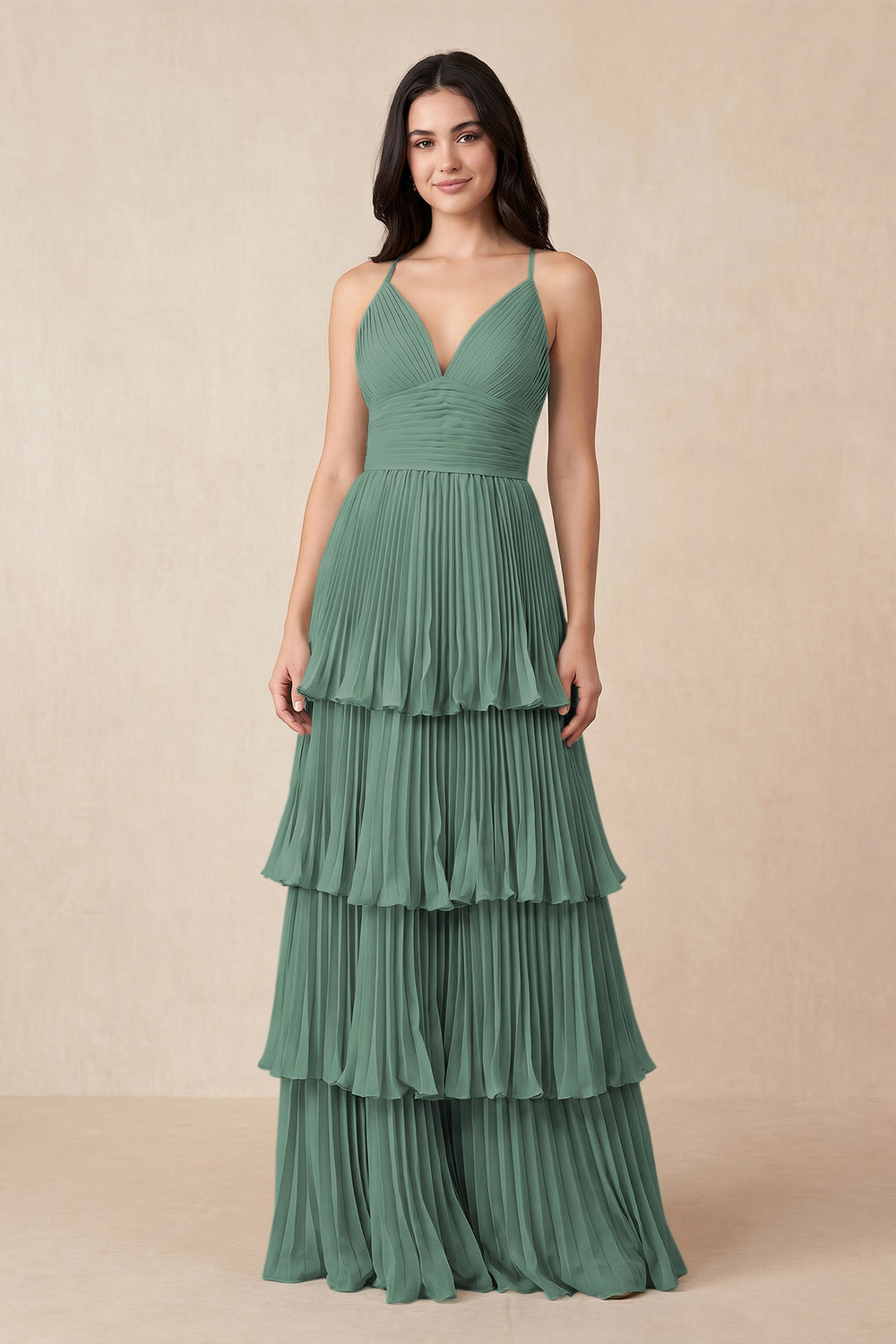 Tiered Pleated V-Neck A-Line Chiffon Bridesmaid Dress in Sea Glass