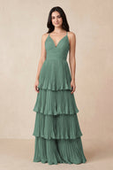 Sea Glass Tiered Pleated V-Neck A-Line Chiffon Bridesmaid Dress | KISSBRIDAL