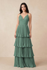 Sea Glass Tiered Pleated V-Neck A-Line Chiffon Bridesmaid Dress | KISSBRIDAL