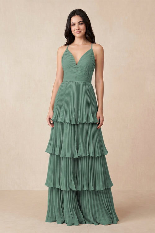 Sea Glass Tiered Pleated V-Neck A-Line Chiffon Bridesmaid Dress | KISSBRIDAL