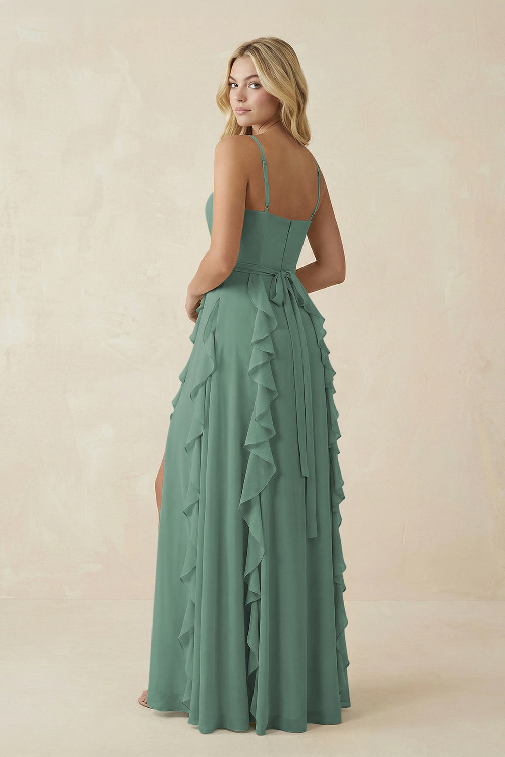 Tiered Ruffle A-Line Chiffon Bridesmaid Dress in Sea Glass