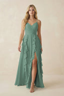 Sea Glass Tiered Ruffle A-Line Chiffon Bridesmaid Dress | KISSBRIDAL