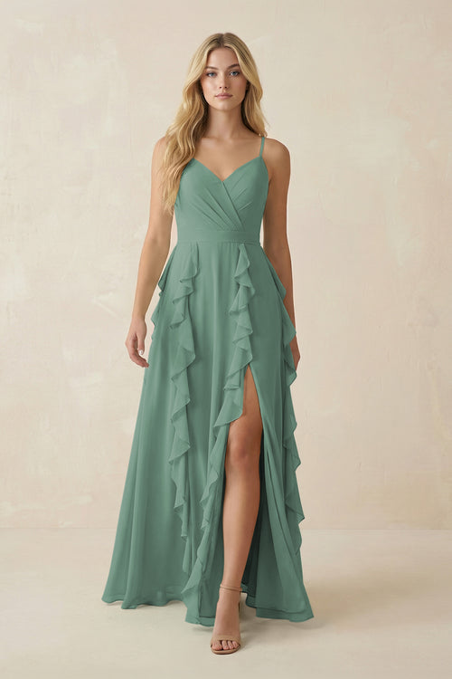Sea Glass Tiered Ruffle A-Line Chiffon Bridesmaid Dress | KISSBRIDAL