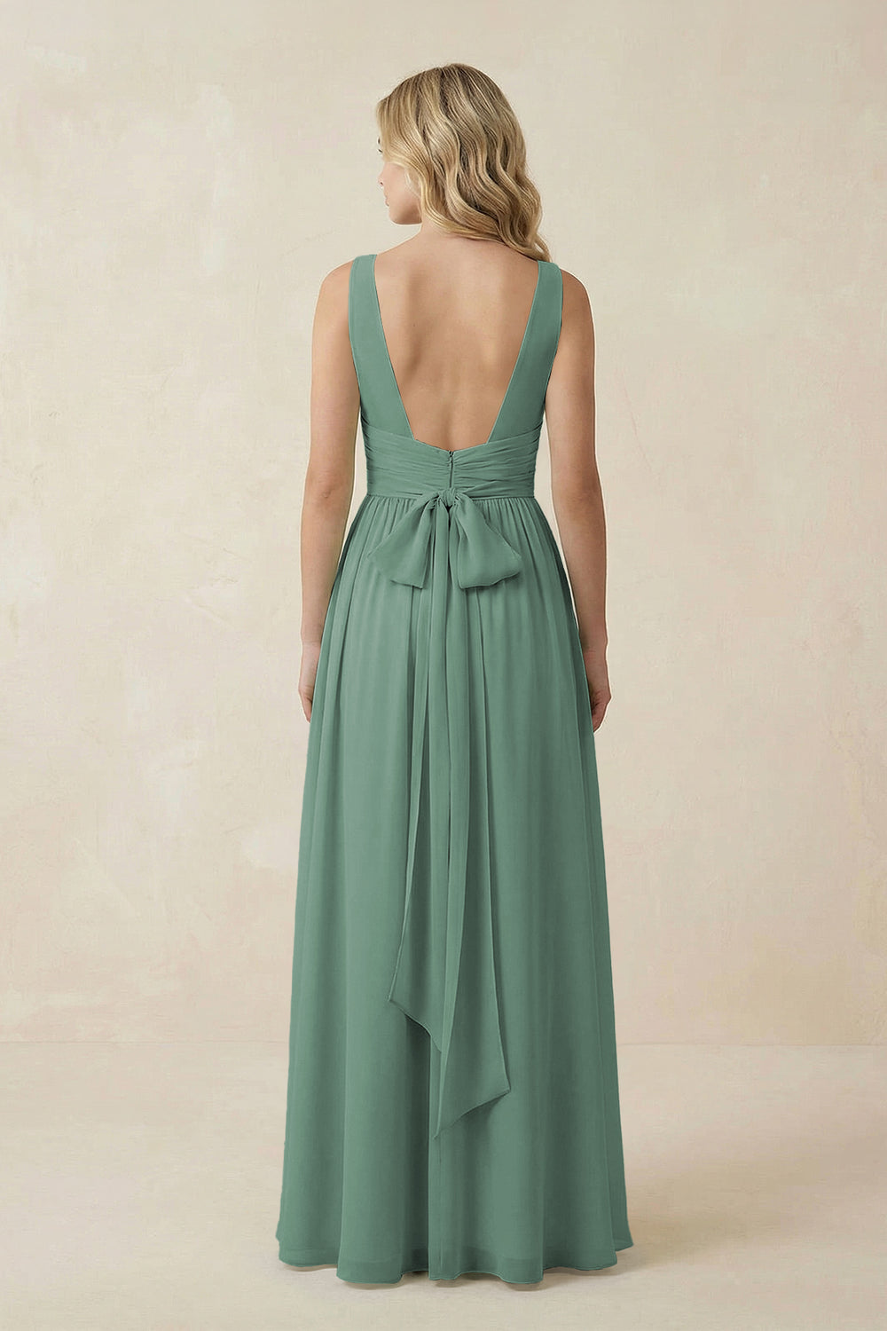 V-Neck A-Line Bridesmaid Dress with Back Bow in Sea Glass