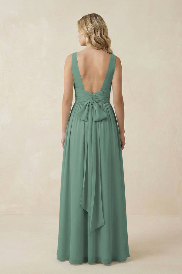 Sea Glass V-Neck A-Line Bridesmaid Dress with Back Bow (2) | KISSBRIDAL