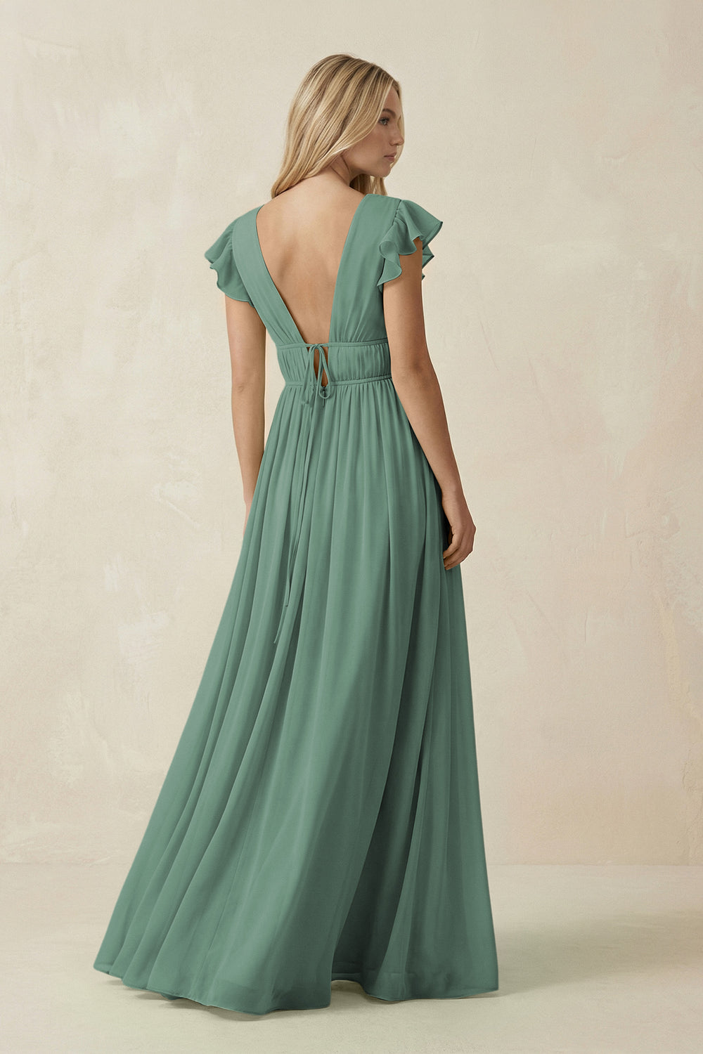 V-Neck A-Line Chiffon Cap Sleeves Bridesmaid Dress in Sea Glass