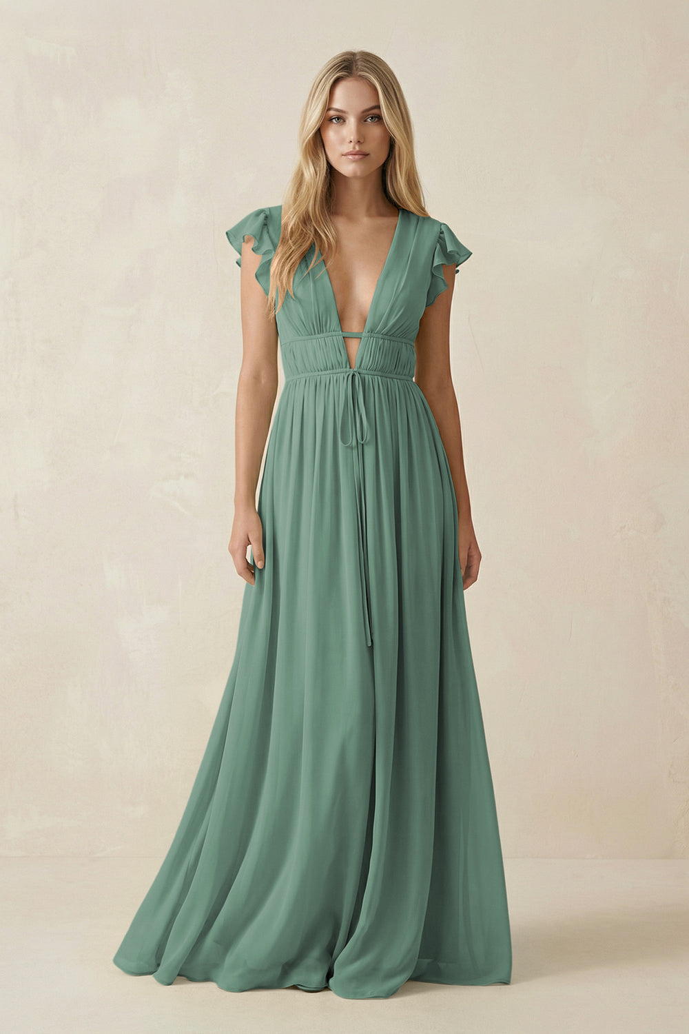 V-Neck A-Line Chiffon Cap Sleeves Bridesmaid Dress in Sea Glass
