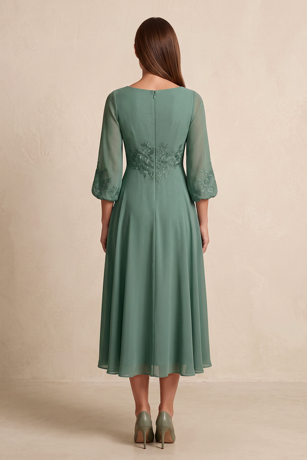 Sea Glass V-Neck A-Line Chiffon Embroidered Mother of the Bride Dress with Sleeves (2) | KISSBRIDAL