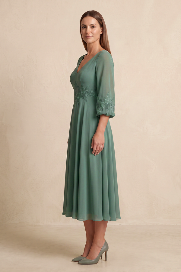 Sea Glass V-Neck A-Line Chiffon Embroidered Mother of the Bride Dress with Sleeves (3) | KISSBRIDAL