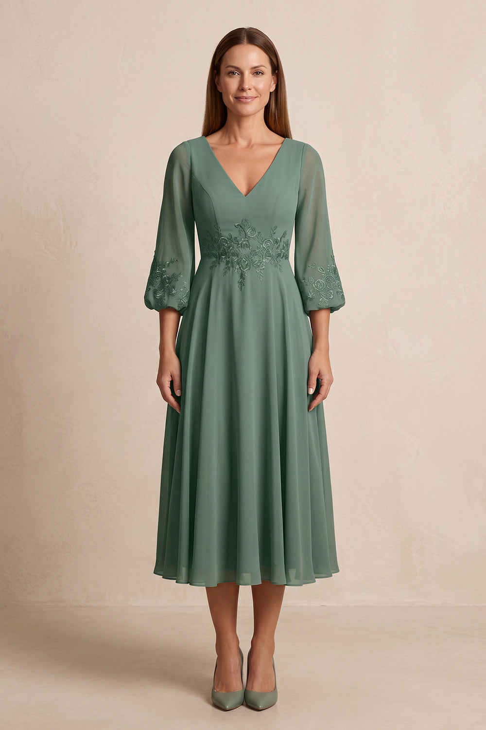 Sea Glass V-Neck A-Line Chiffon Embroidered Mother of the Bride Dress with Sleeves