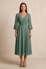 Sea Glass V-Neck A-Line Chiffon Embroidered Mother of the Bride Dress with Sleeves | KISSBRIDAL