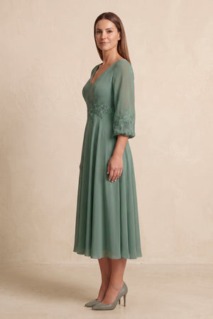 Sea Glass V-Neck A-Line Chiffon Embroidered Mother of the Bride Dress with Sleeves | KISSBRIDAL