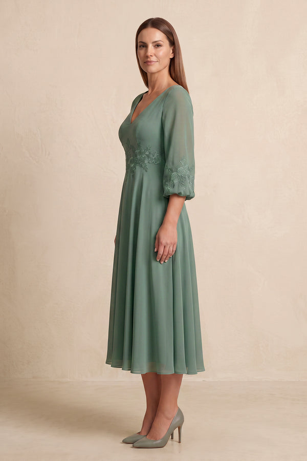 Sea Glass V-Neck A-Line Chiffon Embroidered Mother of the Bride Dress with Sleeves | KISSBRIDAL