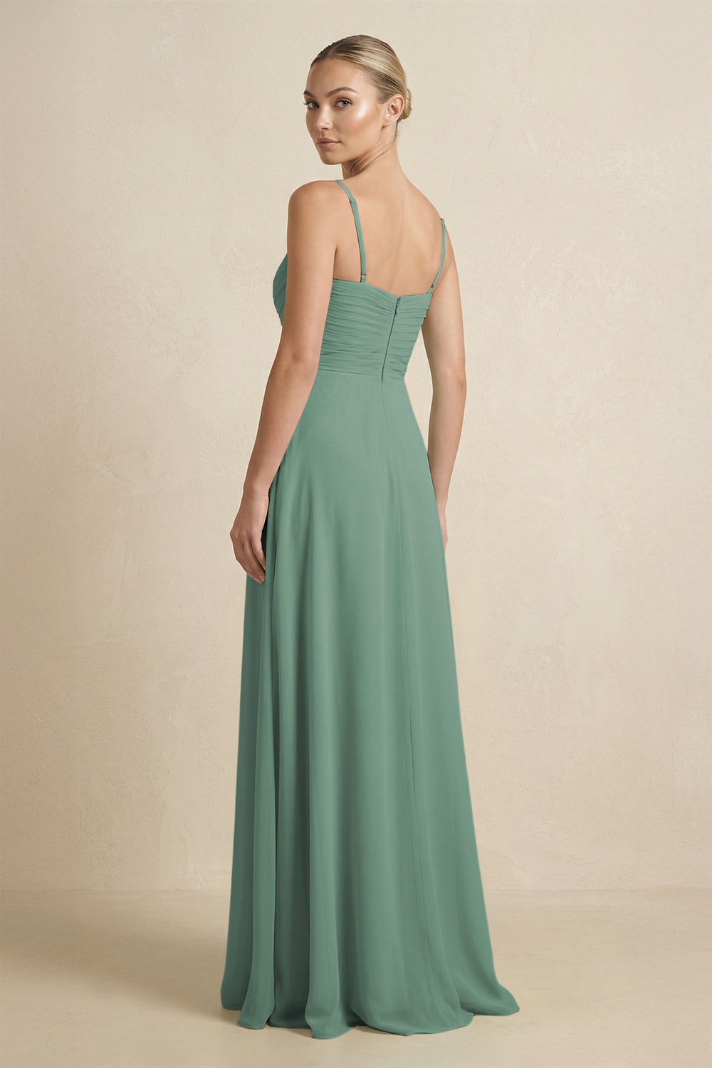 V-Neck A-Line Chiffon Pleated Bridesmaid Dress in Sea Glass