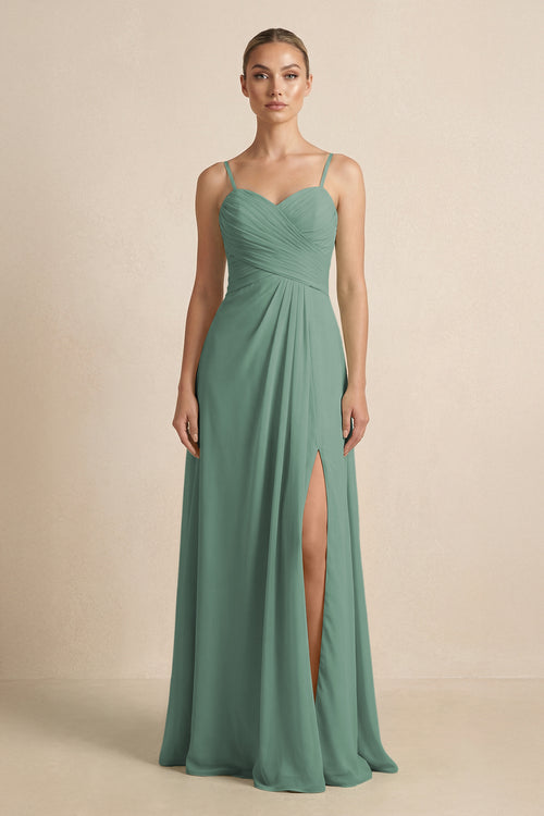 Sea Glass V-Neck A-Line Chiffon Pleated Bridesmaid Dress | KISSBRIDAL
